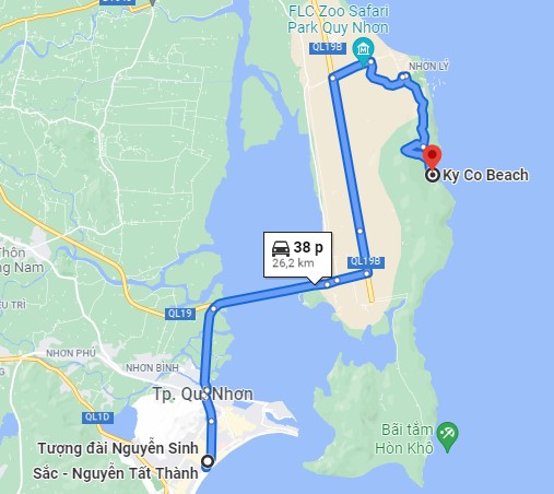 Bản đồ đường đi đến Kỳ Co từ trung tâm thành phố Quy Nhơn