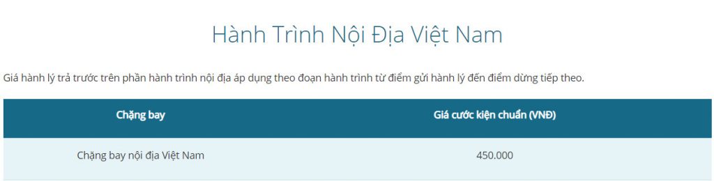 Giá hành lý ký gửi Vietnam Airlines hành trình nội địa
